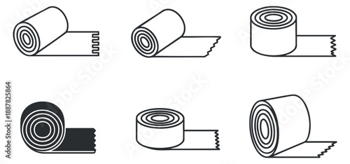 A set of adhesive tape rolls in minimalist black and white outline vector style, suitable for office supplies and design projects
