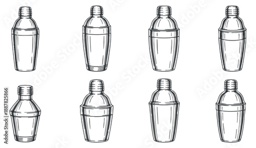 A set of cocktail shakers in black and white outline vector style, ideal for bar and restaurant branding