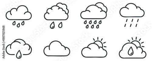 A collection of weather icons featuring clouds, rain, and sun in minimalist black outline vector style, suitable for weather-related designs