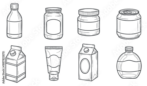 A collection of various beverage and food containers in outline vector style, perfect for packaging design and branding projects