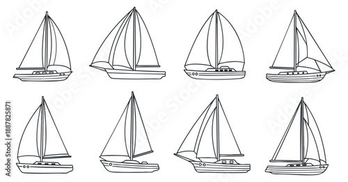 A collection of sailing boats and yachts in black outline vector style, perfect for nautical-themed projects and designs