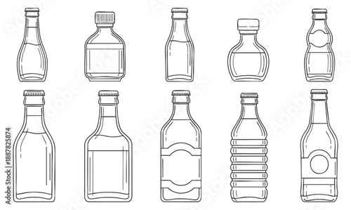 A collection of various beverage bottles in minimalist outline vector style, suitable for packaging design and branding