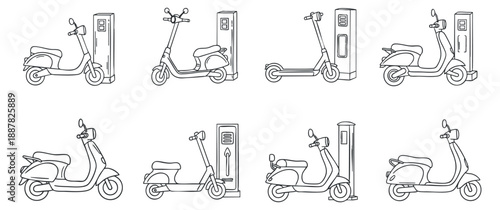 A collection of electric scooters and charging stations in a minimalist outline vector style, ideal for urban mobility designs