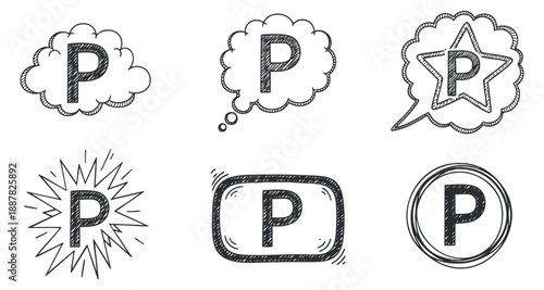 A collection of creative P icons including thought bubbles, stars, bursts, and badges in black and white doodle vector style, ideal for branding and graphic design projects