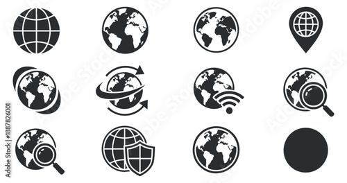 A collection of globe and map icons in flat black and white vector style, suitable for technology and travel applications