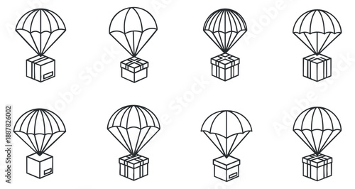 A set of parachutes with packages in simple outline vector style, suitable for logistics and delivery services