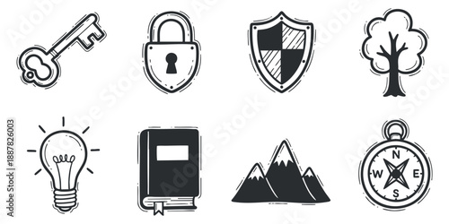 A collection of icons including a key, lock, shield, tree, lightbulb, book, mountains, and compass in black and white outline vector style, suitable for design and educational projects