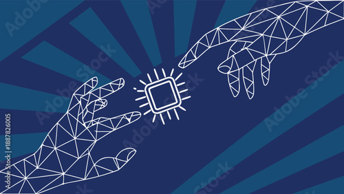 Futuristic Digital Connectivity: Wireframe Hands Reaching for a Central Microchip Core