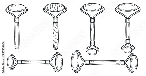 A set of various skimmers and strainers in black and white line art vector style, suitable for culinary and kitchen design projects