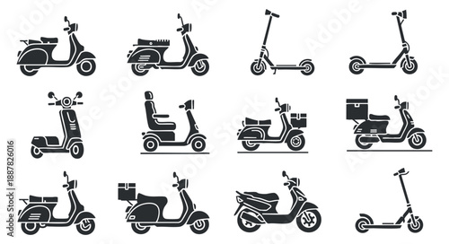 A collection of various scooters and electric vehicles in flat modern vector style, ideal for transportation branding and urban mobility projects