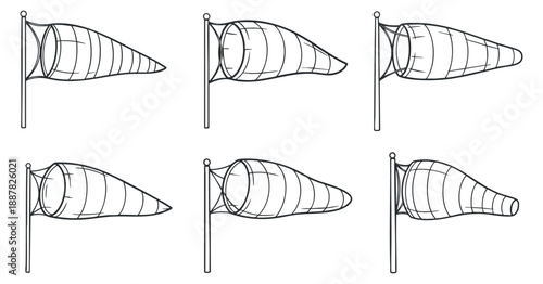 A collection of windsock illustrations in outline vector style, ideal for weather-related design and navigation projects