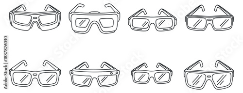 A collection of eight different styles of glasses and sunglasses in black and white outline vector style, ideal for fashion design and branding