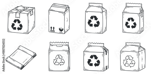 A collection of recyclable packaging cartons and bags in black and white outline vector style, suitable for eco-friendly design projects