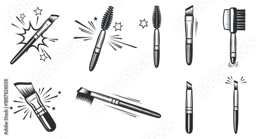 A collection of various makeup brushes and tools in black and white vector style, perfect for beauty and cosmetics branding