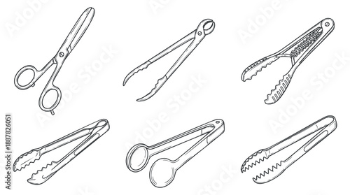 A collection of various kitchen tongs in black and white outline vector style, perfect for culinary design projects