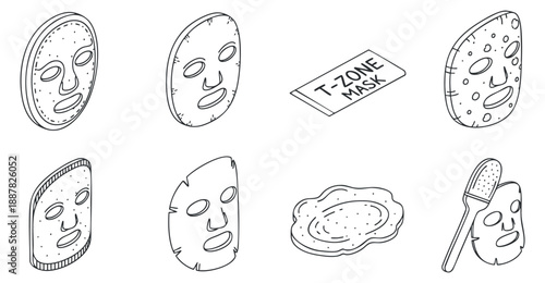 A collection of facial masks and skincare treatments in minimalist outline vector style, suitable for beauty and wellness projects