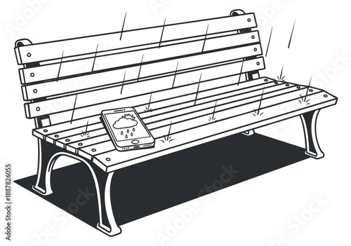 A park bench with a smartphone on it, illustrated in black and white minimalist vector style, suitable for weather-related themes and technology designs