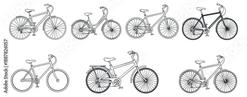A collection of six bicycle illustrations in black and white outline vector style, suitable for cycling-related projects and designs