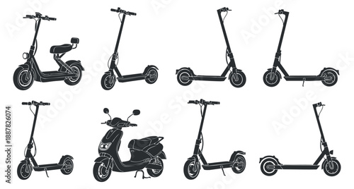 A collection of electric scooters in black outline vector style, ideal for urban transportation and mobility themes