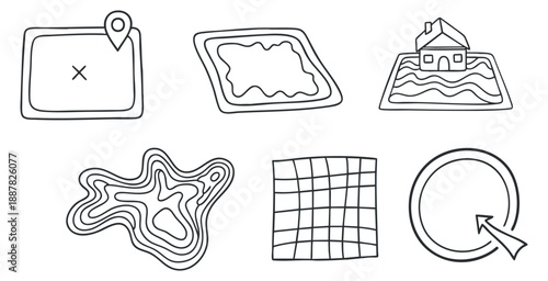 A collection of hand-drawn maps and geographic icons in minimalist vector style, ideal for travel and navigation projects