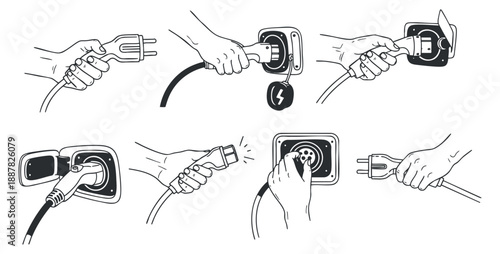 A set of hand illustrations showing the process of plugging and unplugging an electric vehicle charger in black and white minimalist vector style, ideal for instructional materials and tech design