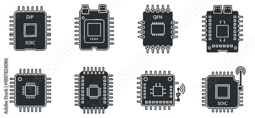 A collection of various microchip designs including DIP, SOIC, and QFN in black and white outline vector style, suitable for electronics illustrations