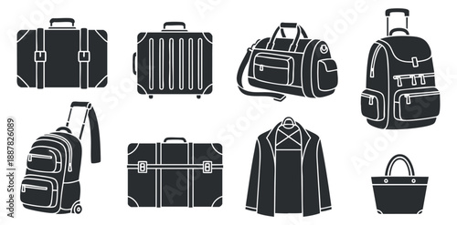 A collection of various travel bags including suitcases, backpacks, and duffel bags in black and white minimalist vector style, suitable for travel and lifestyle branding