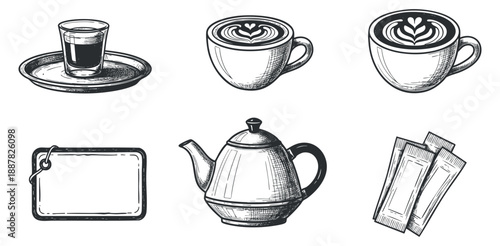 A set of coffee and tea elements including cups, a kettle, and a glass in vintage hand-drawn style, ideal for cafe branding and menu design