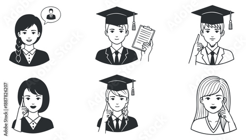 A set of diverse female student icons in black and white vector style, ideal for educational materials and branding
