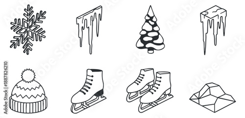 A collection of winter-themed icons including a snowflake, ice skates, a Christmas tree, and icicles in outline vector style, perfect for holiday design projects