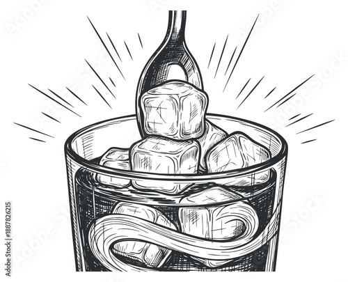 A hand-drawn illustration of a glass filled with ice cubes and a spoon, in vintage sketch style, perfect for beverage menus and restaurant branding
