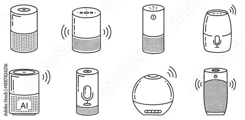 A set of various smart voice assistant speakers in clean line art vector style, ideal for technology and innovation projects