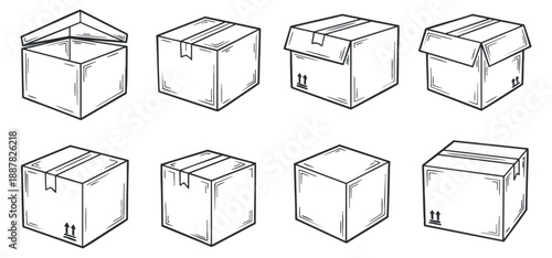 A collection of various box designs in outline vector style, suitable for packaging and logistics illustrations