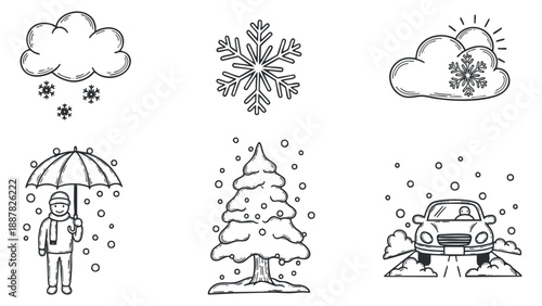A collection of winter weather icons featuring snowflakes, clouds, a person with an umbrella, a Christmas tree, and a car in outline vector style, suitable for seasonal designs and illustrations