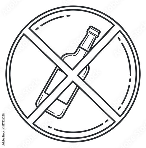 A prohibition symbol featuring a bottle inside a circle with a diagonal line in minimalist black and white vector style, ideal for health and safety communications