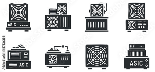 A collection of ASIC mining hardware icons in black vector style, suitable for technology and electronics projects