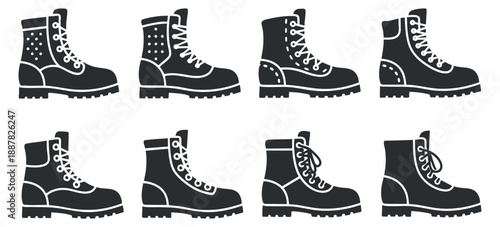 A collection of eight different styles of hiking boots in solid black vector style, perfect for outdoor adventure branding