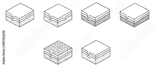 A set of six layered cake illustrations in minimalist outline vector style, suitable for bakery branding and dessert menus