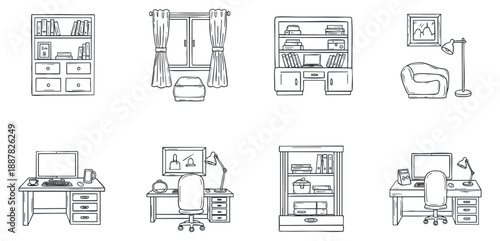 A set of office furniture illustrations including desks, bookshelves, and a window in minimalist outline vector style, ideal for interior design projects