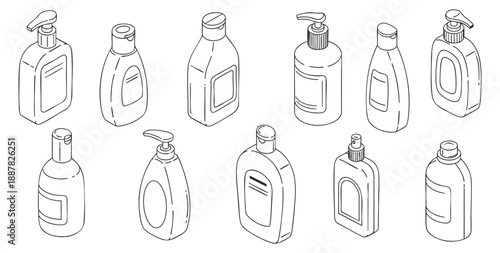 A set of various bottle designs in outline vector style, suitable for cosmetic and personal care branding