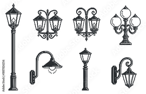A collection of decorative street lamps and lanterns in black and white vector style, ideal for urban design and architecture projects
