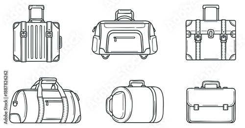 A collection of various luggage bags including suitcases, duffel bags, and briefcases in clean outline vector style, ideal for travel-related graphics