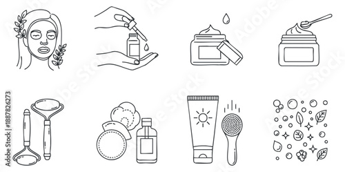 A collection of skincare and beauty product icons in minimalist line-art vector style, perfect for wellness and spa branding