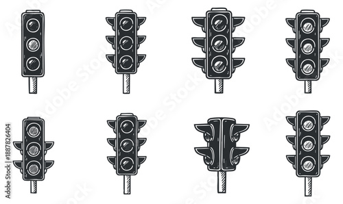 A collection of traffic lights in black and white outline vector style, suitable for transportation signage and urban planning
