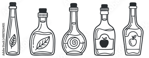 A collection of five condiment bottles with various labels in minimalist outline vector style, suitable for kitchen and food branding