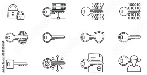 A collection of security keys and locks in minimalist outline vector style, suitable for technology and cybersecurity designs