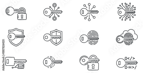 A collection of security icons featuring keys, locks, shields, and digital elements in minimalist outline vector style, suitable for technology and cybersecurity projects
