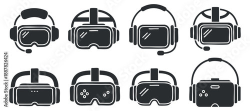 A set of various virtual reality headsets and gaming accessories in black and white vector style, ideal for tech and gaming projects