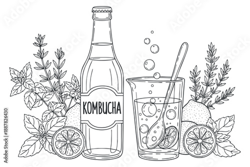A bottle of kombucha with a glass filled with bubbles, garnished with lemon and strawberries in black and white outline vector style, ideal for health and beverage branding