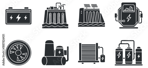 A collection of energy-related icons including batteries, solar panels, and generators in black and white vector style, suitable for technology and sustainability projects